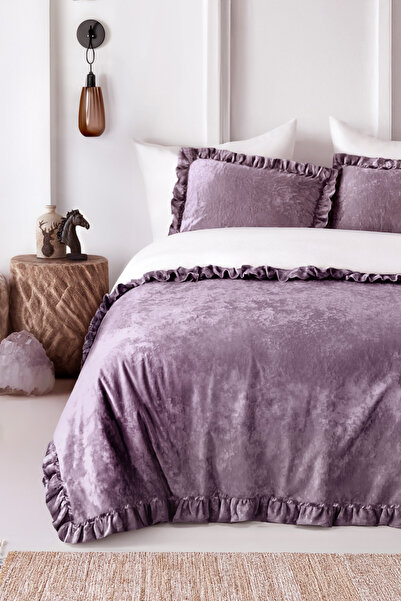 HAMUR Crush Hare Effect Double Bedspread Set with 2 Pillowcases Ruffled Satin Shine Plum