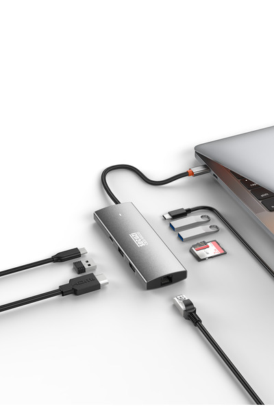 SECUZİ 9in1 Type-C Gri Docking Station Macbook/SD-Micro SD/2xUSB3.0/USB2.0/HDMI/PD100W/Type-C/GB Ethernet