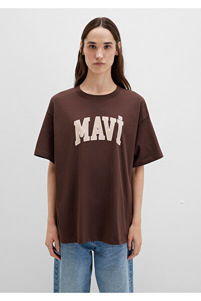 Mavi Logo bedrucktes braunes T-Shirt in Übergröße/Breite Passform 1600843 -88062