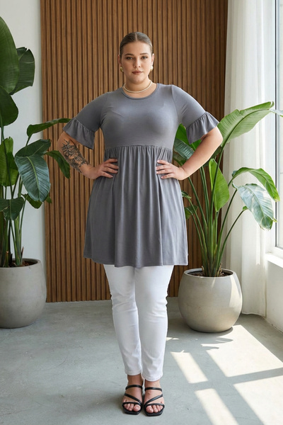 Stil Diva Plus Size Sleeve Detailed Elastic Waist Pleated Tunic T-Shirt T43