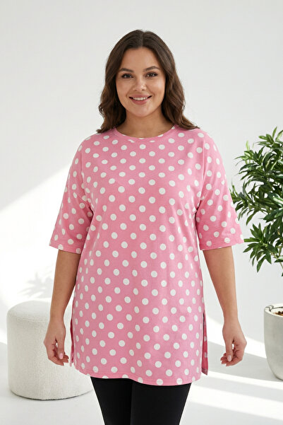 Stil Diva Plus Size Short Sleeve Crew Neck Side Slit Polka Dot Blouse 98-55