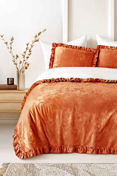 HAMUR Crush Hare Effect Double Bedspread Set with 2 Pillowcases Ruffled Satin Shine Tile