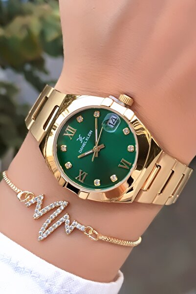 Daniel Klein Original Gold Color Green Dial 2 Years Warranty Women's Wristwatch with Invoice Bracelet Gift