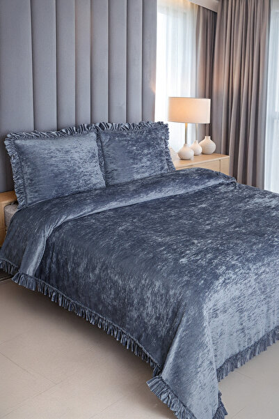 HAMUR Crush Hare Effect Double Bedspread Set with 2 Pillowcases Ruffled Satin Shine Indigo