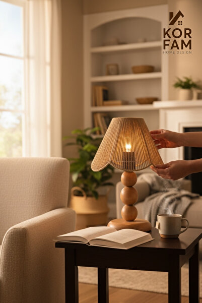 KorFam ROSALİNDA ABAJUR - HASIR EL YAPIMI BOHEM ÇİÇEK ŞEKİLLİ AHŞAP AYAKLI RUSTİK ABAJUR Kahverengi