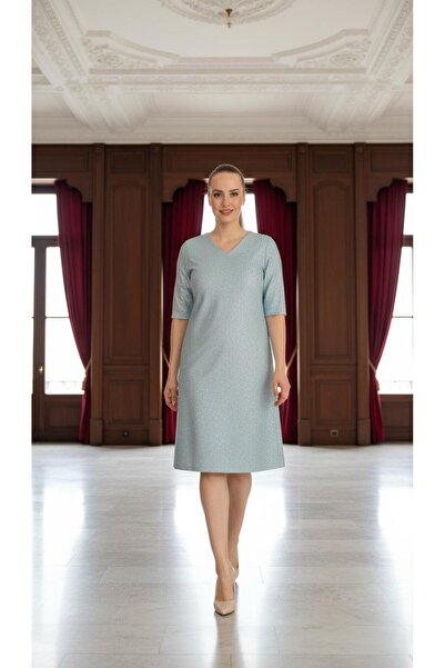 Nidya Moda Büyük Beden Kadın Mint Simli Kaplama Dantel V Yaka Abiye Elbise-40...