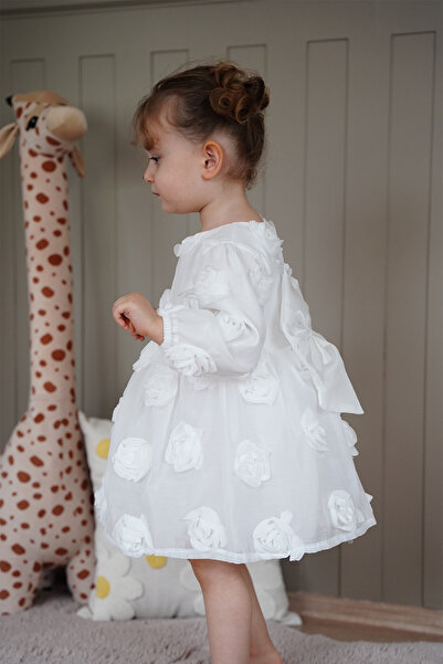 ALYRA Rochie pentru fetiță cu mâneci lungi, cu fundă, cu trandafiri, petrecere de aniversare, nuntă, ocazie specială, rochie de seară, rochie pentru fetiță