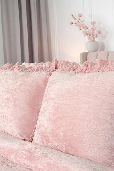 HAMUR Crush Hare Effect Double Bedspread Set 2 Pillowcases Ruffled Satin Shine Powder