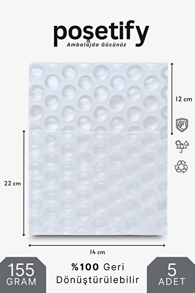 POŞETİFY Kalın Balonlu Kargo Poşeti 14x22x12 cm | 5 Adet | Şeffaf | Yapışkan Bantlı Kargo Zarfı | 155 Gram