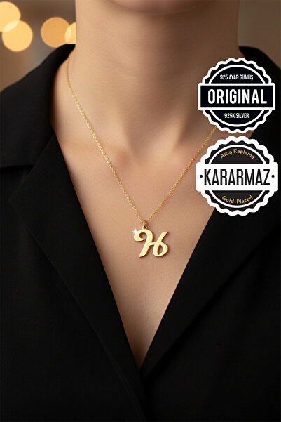 Jewelmim Gümüş H Harfli Kolye 18 Ayar Sarı Altın Kaplama Gümüş Harf Kolye 925 Ayar Kadın Harfli Gümüş Kolye