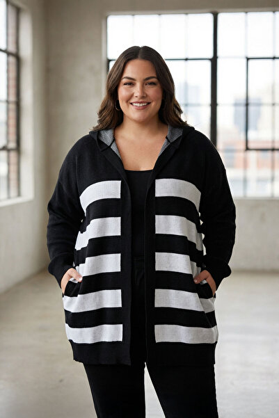 Stil Diva Large Size Long Sleeve Pocket Hooded Striped Knitted Cardigan302793