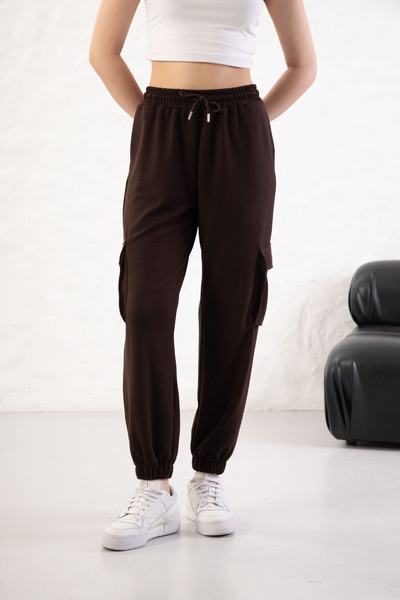 YusGos Women's Soft Textured Modal Fabric Pocket Detailed Elastic Leg Cargo Pants Brown S