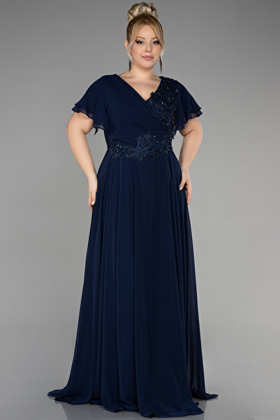 Abiyefon Lacivert Uzun Taş Işlemeli Şifon V Yaka Kısa Kol Büyük Beden Abiye Elbise Abu1562