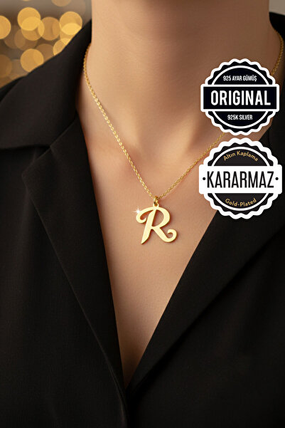 Jewelmim Gümüş R Harfli Kolye 18 Ayar Sarı Altın Kaplama Gümüş Harf Kolye 925...