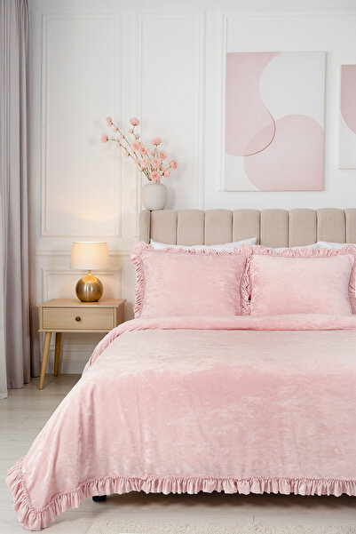 HAMUR Crush Hare Effect Double Bedspread Set 2 Pillowcases Ruffled Satin Shine Powder