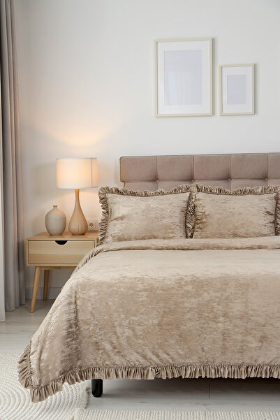 HAMUR Crush Hare Effect Double Bedspread Set 2 Pillowcases Ruffled Satin Shine Mink