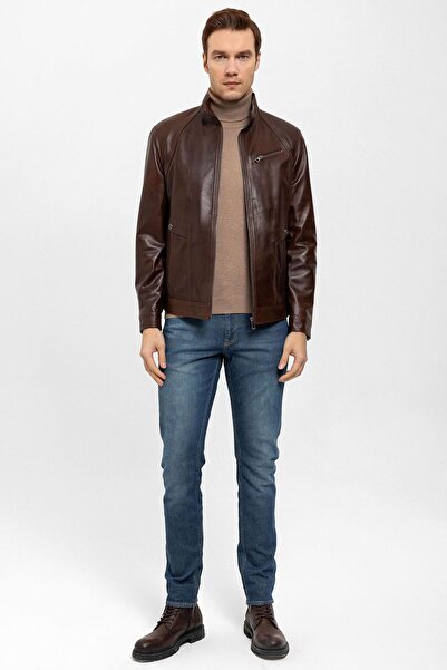 Deriderim Cognac Calvy Genuine Leather Men's Coat