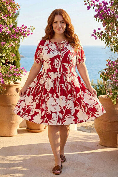 Stil Diva Plus Size Tie-Neck Floral Print Wrinkle Fabric Above Knee Dress 304113