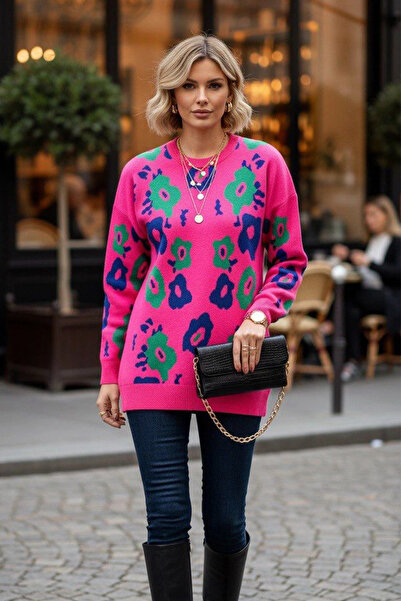 AsprinFashion guler rotund Pulover tricotat cu mâneci lungi cu model floral supradimensionat roz