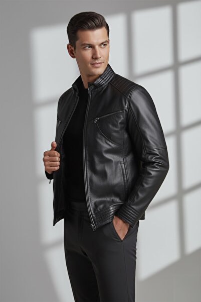 Deriderim Black Hector Hakim Collar Zippered Lined Men's Genuine Leather Coat