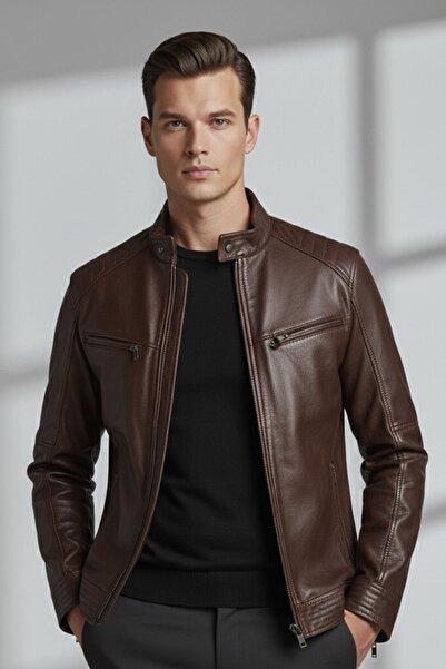 Deriderim Brown Hector Hakim Collar Zippered Lined Men's Genuine Leather Coat