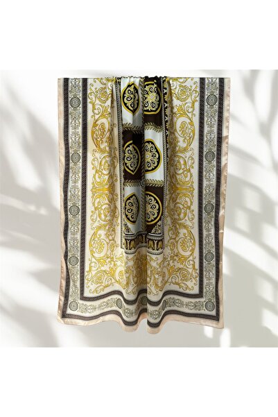 LEİLA SCARF Imported Voile Silk Shawl Cream Coffee Large Size Shawl