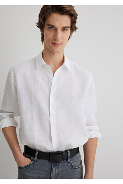 Mavi Λευκό λινό πουκάμισο κανονική εφαρμογή / κανονική κοπή 0210492-620