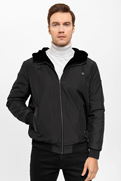 Deriderim Siyah Chris Çift Taraflı Kapüşonlu Kürk Mont