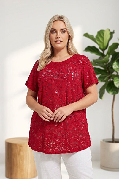 Stil Diva Plus Size V-Neck Short Sleeve Lace Pattern Unlined T-Shirt 304093