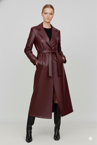 diaves Kadın Bordo Astarlı Beli Kuşaklı Apoletli Suni Deri Trençkot Pardüsü