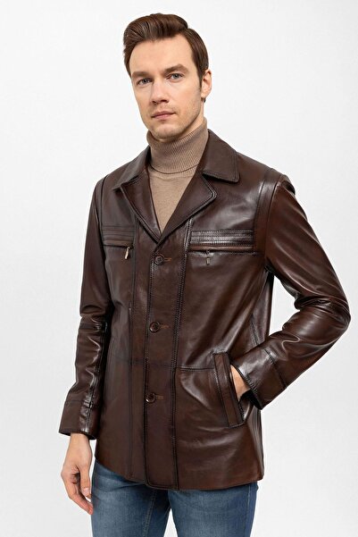 Deriderim Kahve Douglas Düğmeli Astarlı Bele Oturan Erkek Hakiki Deri Kaban