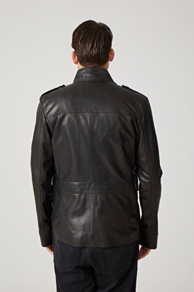 Deriderim Black Felix Men's Genuine Leather Coat with Zippered Lining and Pocket Detail