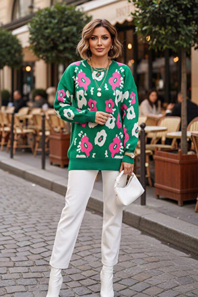 AsprinFashion guler rotund Pulover cu mâneci lungi cu model floral supradimen...