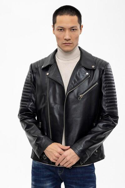 Deriderim Siyah Hardy Biker Motorcu Yandan Fermuarlı Erkek Hakiki Deri Mont