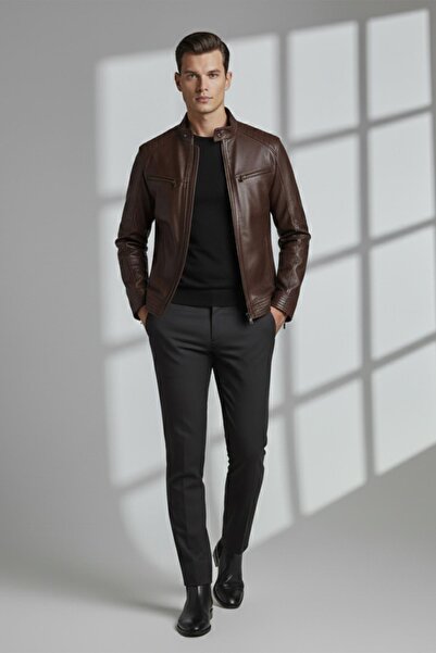 Deriderim Brown Hector Hakim Collar Zippered Lined Men's Genuine Leather Coat