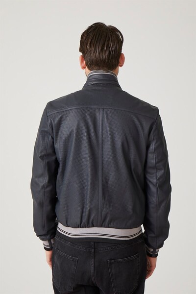 Deriderim Lacivert Carmelo Erkek Fermuarlı Çift Taraflı Hakiki Deri Mont