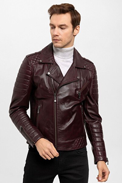 Deriderim E1001 Claret Red Biker Men's Genuine Leather Coat