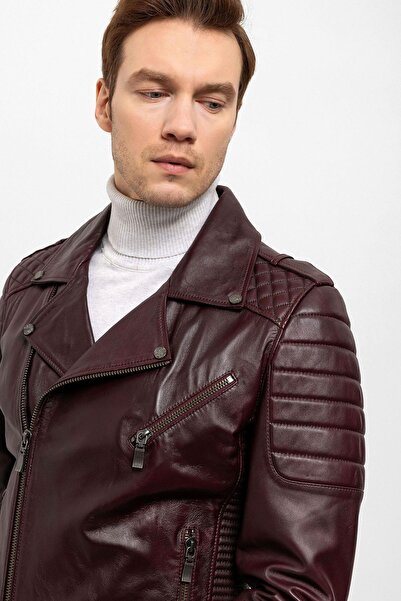 Deriderim E1001 Claret Red Biker Men's Genuine Leather Coat