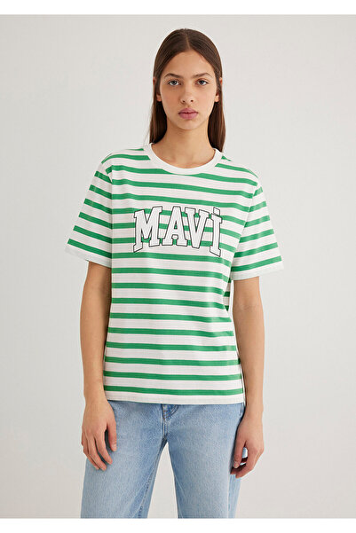 Mavi Λογότυπο Πράσινο ριγέ μπλουζάκι με κανονική εφαρμογή / κανονική κοπή 1611360-84477