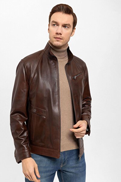 Deriderim Cognac Calvy Genuine Leather Men's Coat