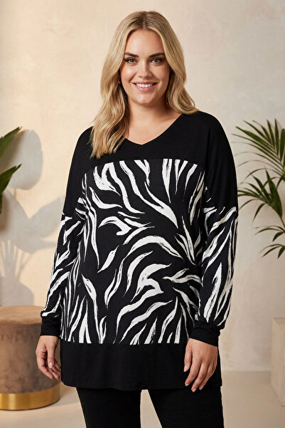 Stil Diva Plus Size Patterned Stretch Fabric Long Sleeve Long Cut Blouse 303057