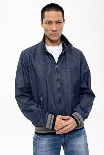 Deriderim Açık Mavi Carmelo Erkek Fermuarlı Çift Taraflı Hakiki Deri Mont