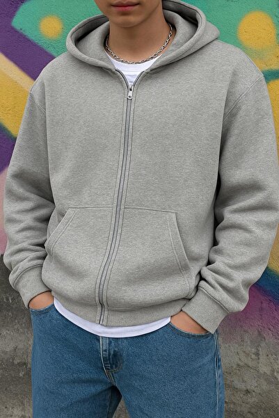 SELENA BUTİK Unisex Zippered Gray Cardigan