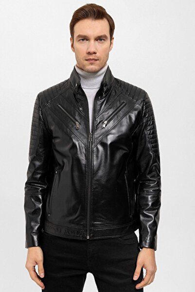 Deriderim Black Clan Shoulders Stitched Men's Genuine Leather Coat
