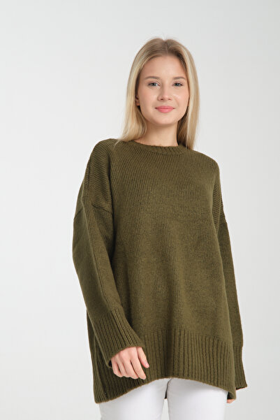 İLKCET MODA Oversize Basic Khaki Long Women's Sweater