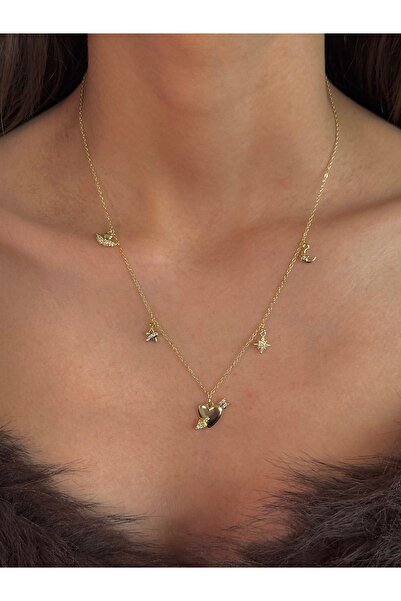 h&b design jewel Çelik Gold Kalp Detaylı Charmlı Kolye