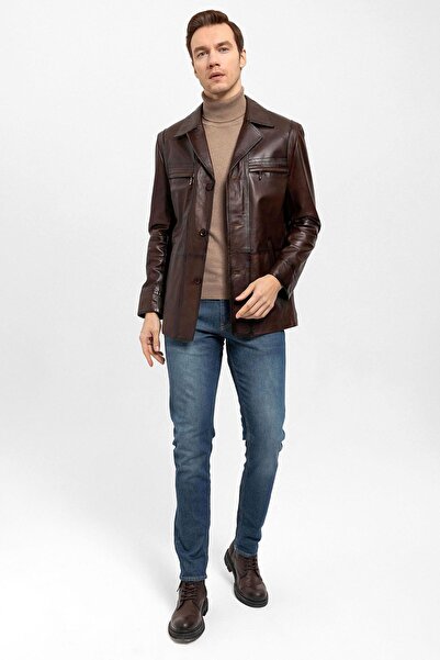 Deriderim Kahve Douglas Düğmeli Astarlı Bele Oturan Erkek Hakiki Deri Kaban