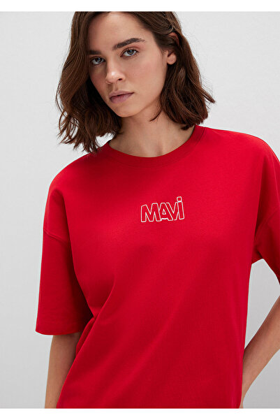 Mavi Rotes T-Shirt mit Logo-Print in Übergröße / Weit geschnitten 1611592 -82054