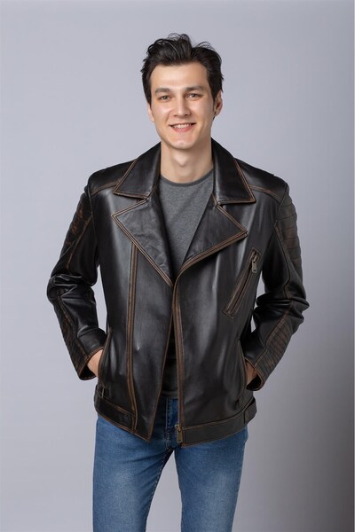 Deriderim Black Blackout Back Skull Warm Printed Biker Biker Francis Zippered Men's Genuine Leather Coat