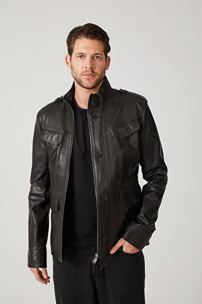 Deriderim Black Felix Men's Genuine Leather Coat with Zippered Lining and Pocket Detail